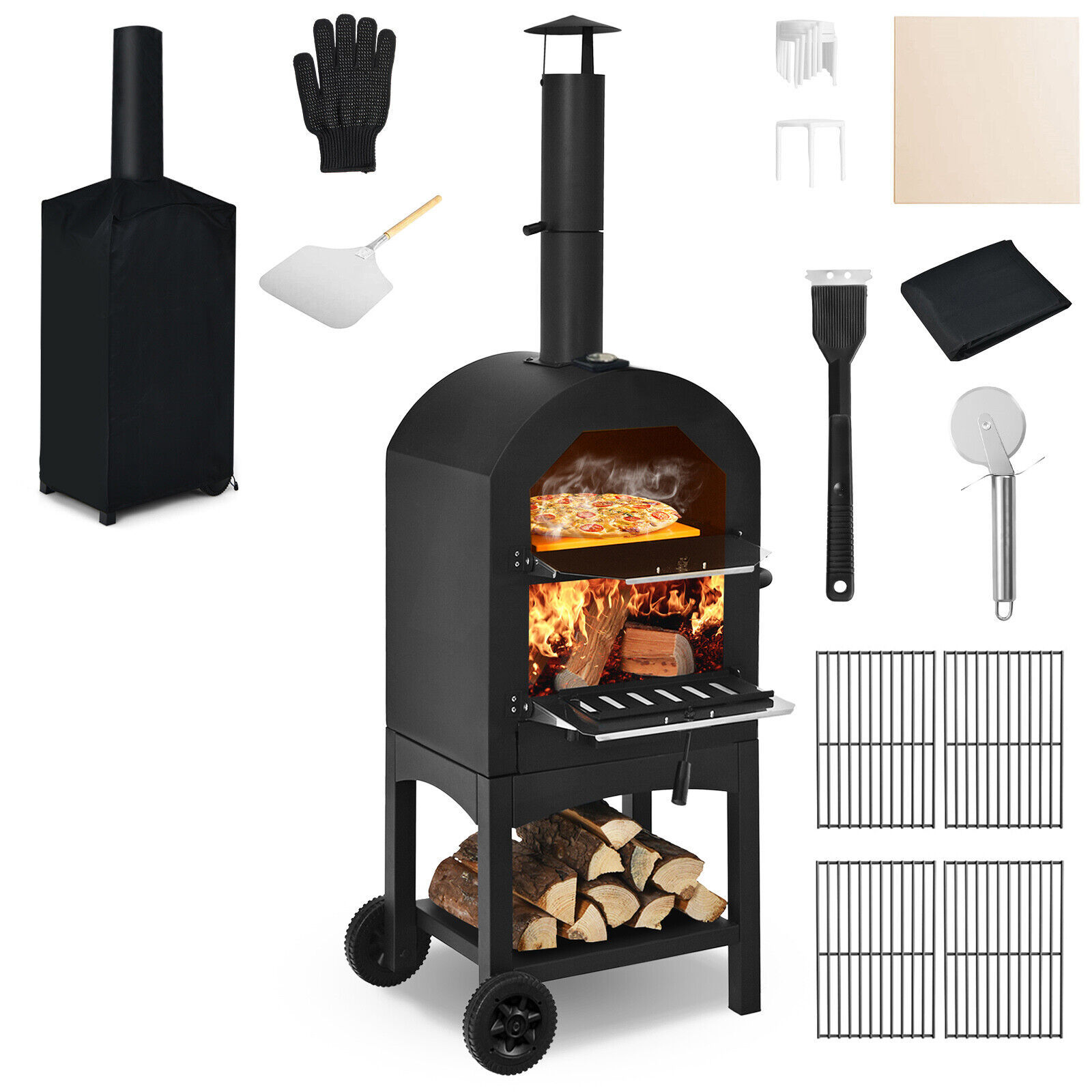 Outdoor Pizza Oven Wood Fire Pizza Maker Grill w/ Pizza Stone & Waterproof Cover