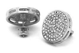 Mens Large Silver Plated Iced Micro Pave CZ Round Screw Back Earrings 16mm - £9.53 GBP