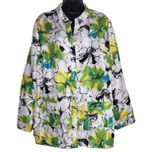 Maggie Barnes Women&#39;s Shirt 1X 18 20 White Flower Floral Blue Green Button Front - £14.86 GBP