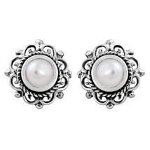 Vintage and Chic Round White Pearl and Filigree Sterling Silver Stud Earrings - £14.55 GBP