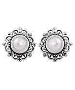 Vintage and Chic Round White Pearl and Filigree Sterling Silver Stud Ear... - £14.32 GBP