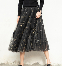 Black Pleated Long Tulle Skirt Outfit Women Pleated Tulle Holiday Skirt image 2