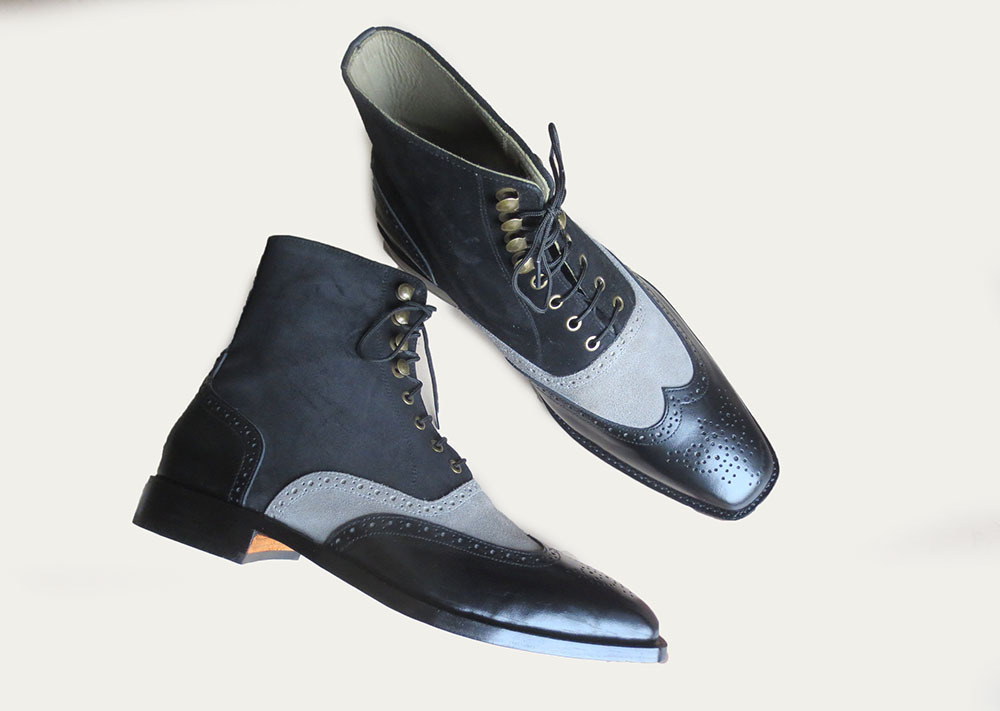 NEW Handmade Men's Gray Black Cap Toe boot, Men's Lace Up Leather Suede Dress bo