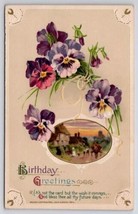 John Winsch Birthday Greetings Purple Pansies And Country Homes Postcard C42 - £3.89 GBP