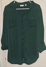 Woman&#39;s New York &amp; Company Green Blouse XL Black Dots Polyester  - $19.80