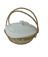 GlasBake Casserole J514 2 Qt White Glass With Lid And Gold Metal Basket ... - $32.58 CAD
