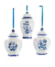 Kurt Adler Set Of 3 Hand Painted Porcelain Indigo Blue Delft Jar Xmas Ornaments - £23.08 GBP