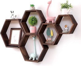 Walnut Hexagonal Decor Wall Shelves For Bedroom, Living Room, Office, Screws And - £37.69 GBP