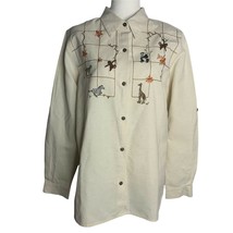 Vintage Alfred Dunner Embroidered Shirt 16 Cream Linen Animals Roll Tab Sleeves - £33.49 GBP