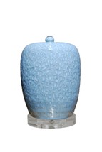 Baby Blue Embossed Porcelain Pointed Ginger Jar 15&quot; with Acrylic Stand - $158.39