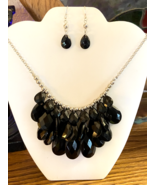 Black Crystal Faceted Tiered Necklace Set - £14.38 GBP