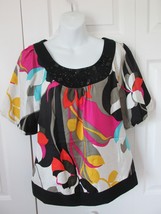 NYGARD Colorful Round Neck Bubble Sleeves Pullover Top Sz6 100% Silk Emb... - £15.68 GBP