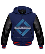  American College Coat Varsity Hoodie Navy Wool &amp; Black Genuine Leather ... - €75,93 EUR+