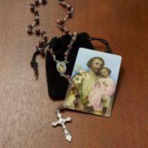 St. Joseph Rosary with Black Velvet Pouch &amp; Prayer Card Catholic Father&#39;s Family - £13.30 GBP