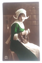 Love on your Birthday Portrait Young Lady in Bonnet Green Dress Postcard... - £7.86 GBP
