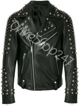 New Mens H&amp;M Black Full Silver Spiked Studded Punk Unique Biker Leather Jacket - £263.17 GBP