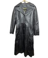 Women's Leather Trench Coat Size 10 Black Button-Up Lined Long Vintage - $57.00