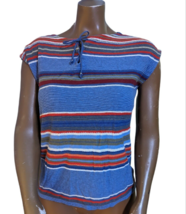 Chaps Denim women&#39;s lightweight red blue green striped knit blouse M linen blend - £11.67 GBP