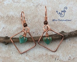 Handmade copper earrings: diamond frame with glass turquoise heart bead dangles - £17.20 GBP