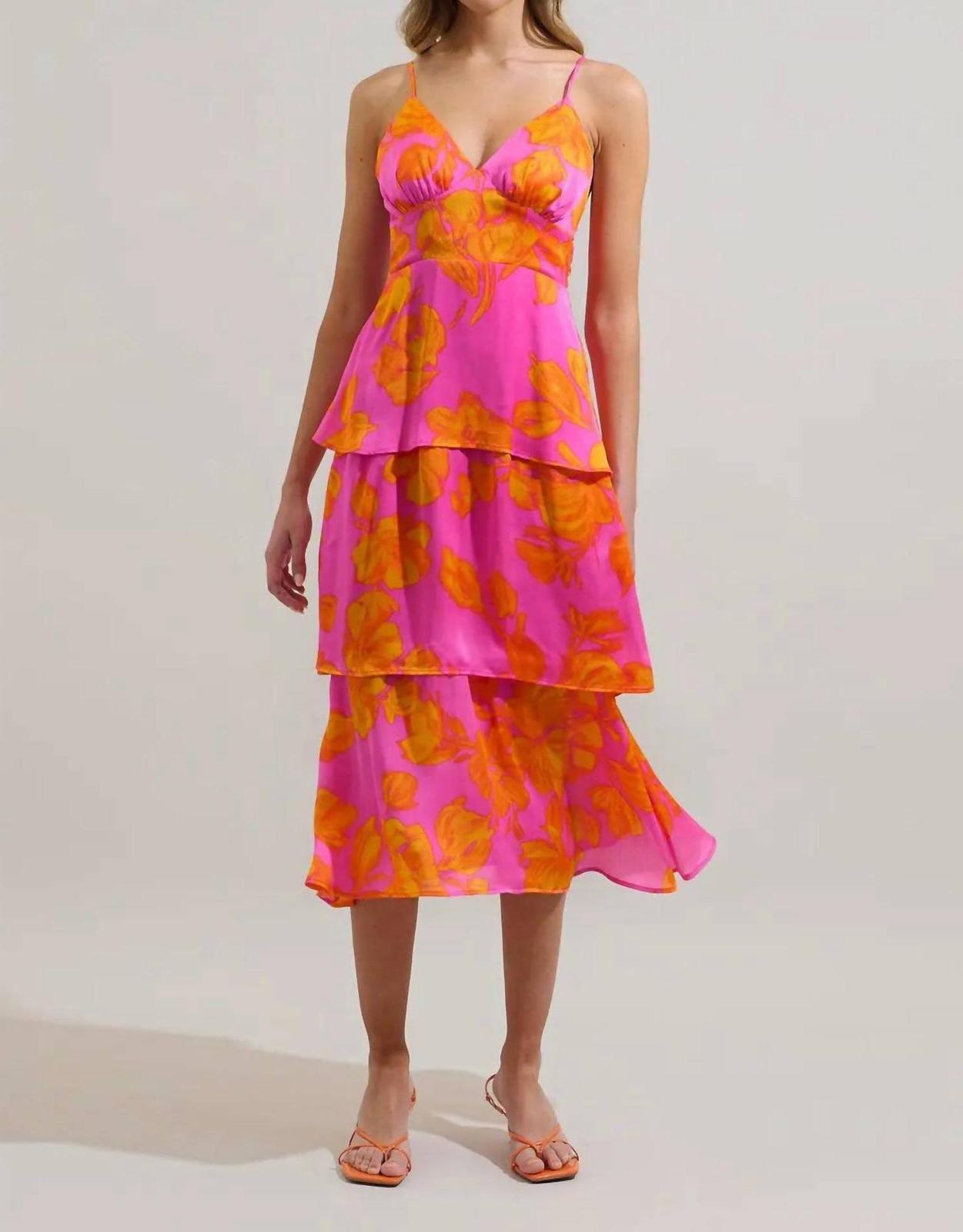 Sugarlips Pacey Floral Ruffle Tiered Midi Dress Neon Pink-Orange - $42.00