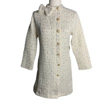 Boucle Mini Sheath Dress S White Metallic Buttons Zip Lined Bow Collar NEW - $41.77