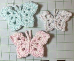 3 Butterfly Appliqués, 3-D Crocheted - Pink, Aqua Blue, Baby White Pastel - £7.93 GBP