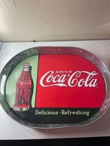 Coca-Cola Coke Vintage Metal Oval serving tray logo red silver embossed handles - £7.76 GBP