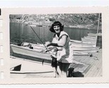 Woman &amp; Little Girl with Fishing Rod at Row Boat Dock Black &amp; White Photo  - $13.86