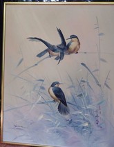 Original Oil Painting Blue Birds Asian Inspired Signed Bruce Framed 20 X 25 - £55.55 GBP