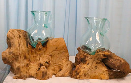 Set Of 2 Balinese Natural Gamal Wood Driftwood With Molten Glass Water Jugs - £151.86 GBP