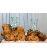 Set Of 2 Balinese Natural Gamal Wood Driftwood With Molten Glass Water Jugs - $259.72 CAD