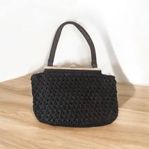 Vintage Woven Slouch Crochet Nylon Black Handbag Purse Snaps Small 2 Com... - $19.10