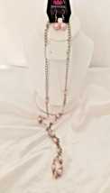 New with tags Necklace &amp; Earring Set pink Imitation Pearls Silver Color Chain - £9.89 GBP