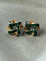 Dark Green Enamel &amp; Goldtone KNOT Post Earrings for Pierced Ears -  5/8th’s x 5/ - £8.43 GBP