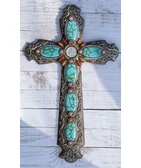 18&quot;H Rustic Western Scroll Lace Wall Cross With Crystals &amp; Turquoise Gem... - $57.54 CAD