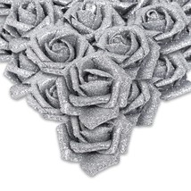 Silver Roses Artificial Flowers,50Pcs Glitter Flowers Silver Foam Roses Glitter  - £41.69 GBP