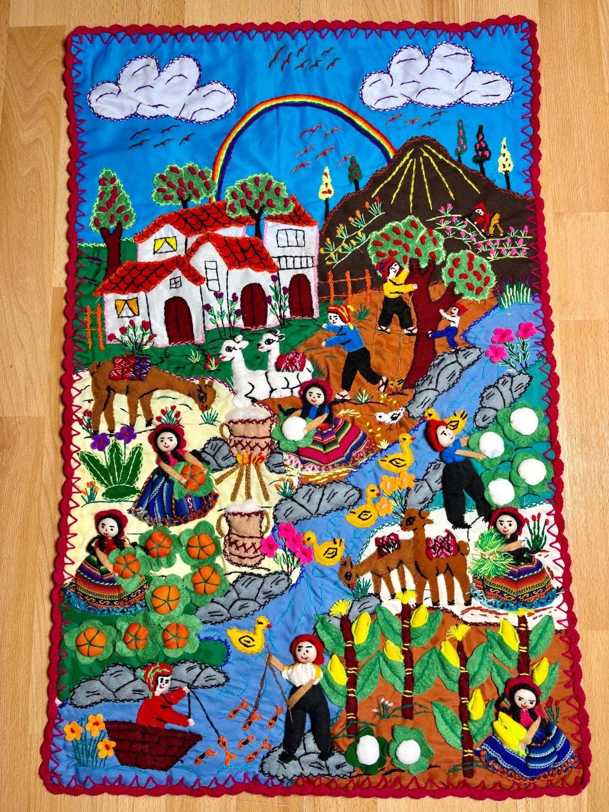 Handmade Peruvian Arpillera Wall Quilt 3D Village Scene Folk Art Tapestr... - $138.60