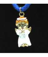 ANGEL Pendant Vintage NECKLACE Blue Cord Goldtone White Enamel 18&quot; - $14.99