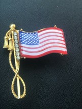 Vintage Plastic USA Flag in Goldtone Tassel Setting w Clear Rhinestones ... - $13.09