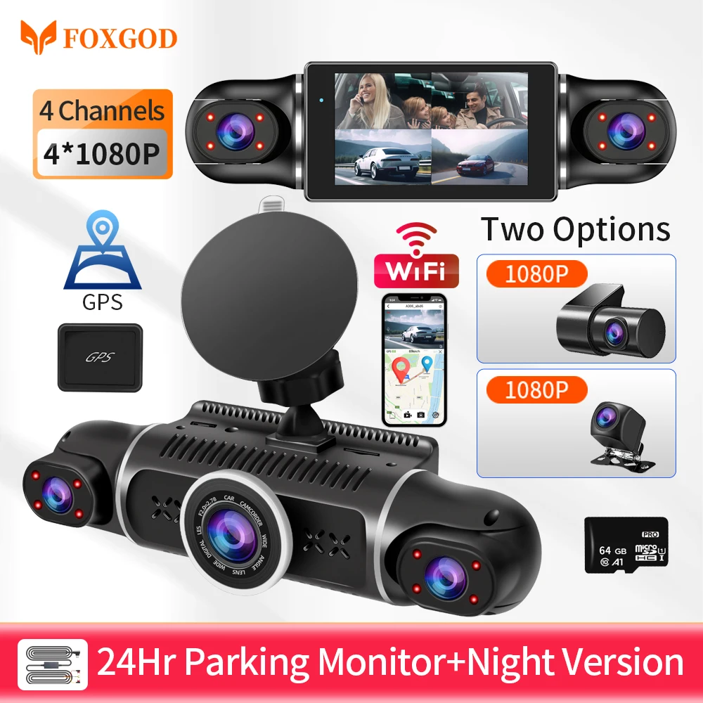 64GB Free Car DVR Dash Cam WiFi GPS 24h Parking Monitor HD 4 Lens*1080P Video - £89.68 GBP+