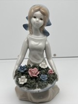 Vintage Seymour Mann Peasant Lady Kneeling With Flowers Blue Scarf Figurine 6” - £20.58 GBP