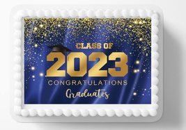 Blue and Gold Class Of 2023 Graduation Grad Graduate Edible Image Edible Cake To - $16.47