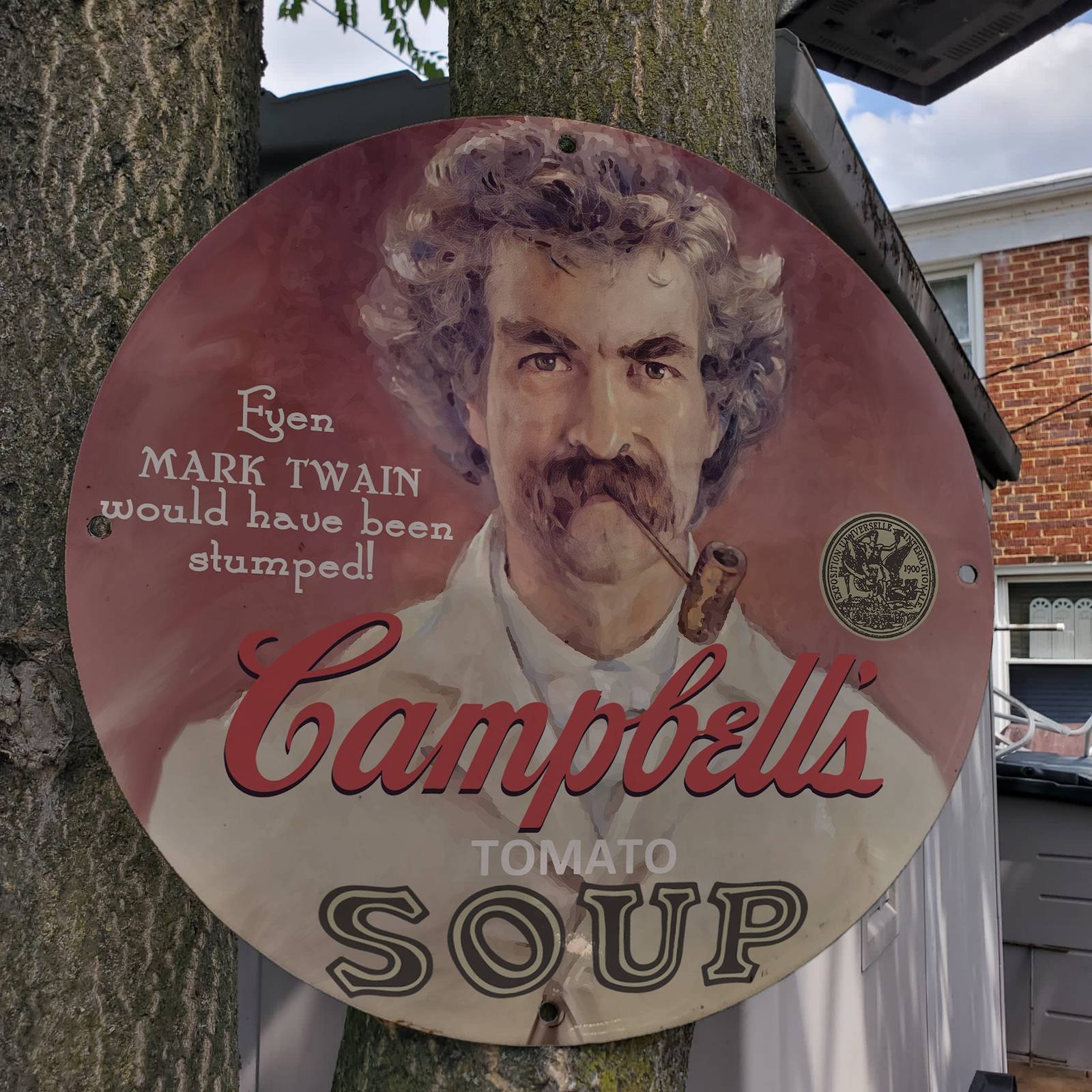 Vintage Campbell's Tomato Soup ''Mark Twain'' Porcelain Gas & Oil Pump Sign - $125.00
