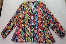 Ashley Stewart Blouse Top Women Size 14/16 Multi Geo Print Balloon Sleeve V Neck - £22.17 GBP