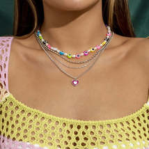 Pearl &amp; Vibrant Acrylic Beaded Eye Heart Pendant Necklace Set - £11.19 GBP