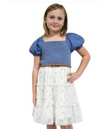Zunie Girls Boys Dress White Multicolor Denim Short Puff Sleeves Tiered ... - $58.99 CAD