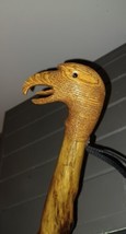 Hand Carved Wood Walking Stick Cane American Eagle Head Twisted Folk Art Strap - £51.41 GBP