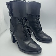 Tory Burch Brooke Combat Biker Leather Boots Block Heel Size 6 in Black - $160.00