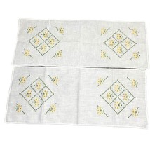 Vintage White Linen Table Runner Spring Floral Cross Stitch Yellow Flowe... - $28.04