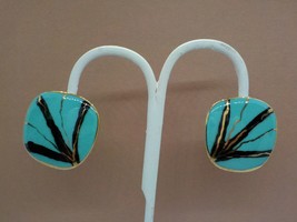 Painted Smooth Clip On Earrings Seafoam Green Black Gold Stripes Fashion Jewelry - £15.68 GBP